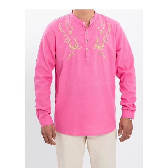 ThCreasa Mens Casual Long Sleeve Cotton Linen Henley Shirt Embroidery Summer Bea - Picture 2 of 7